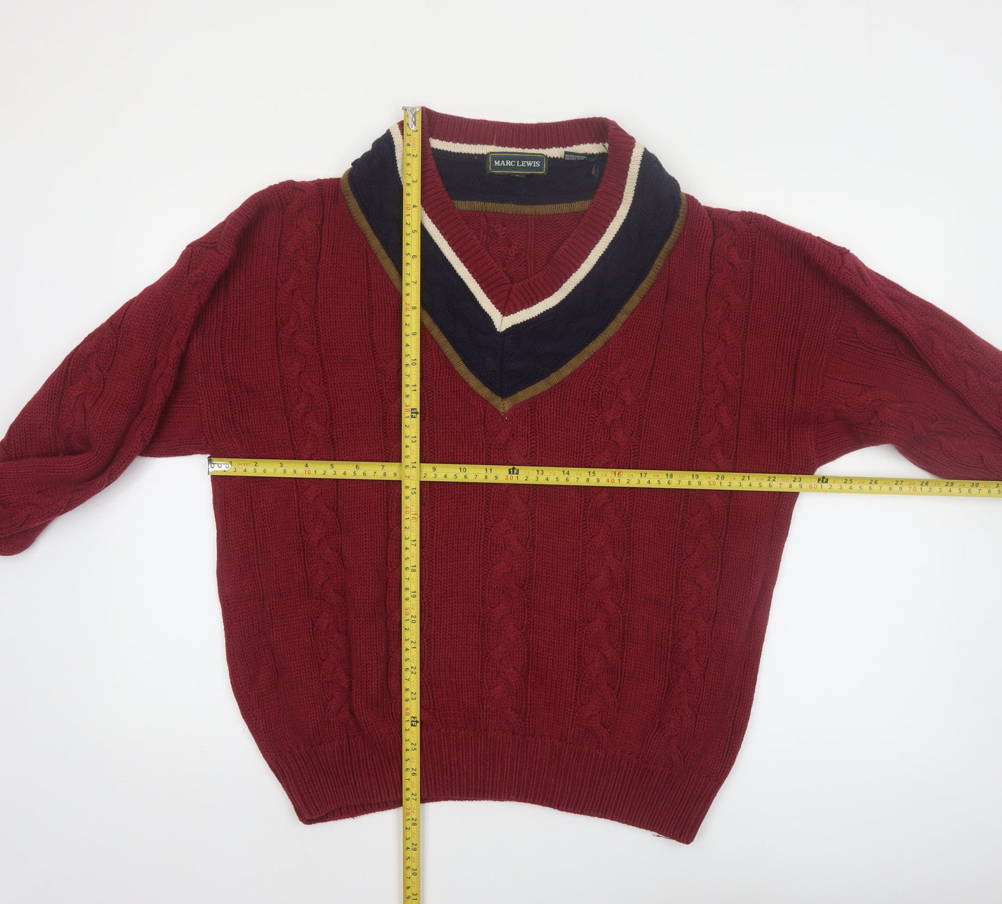 Marc Lewis Men's Red Cotton Cable-Knit V-Neck Jumper Size L