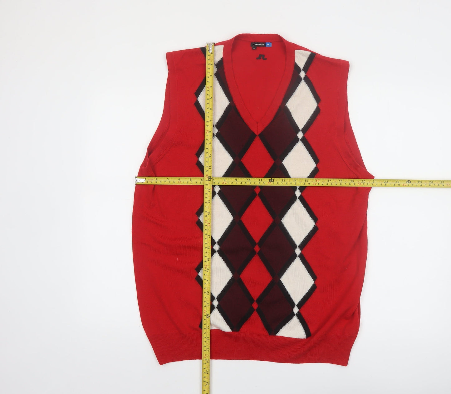 J. Lindeberg Mens Red Argyle Merino Wool V-Neck Golf Vest XL