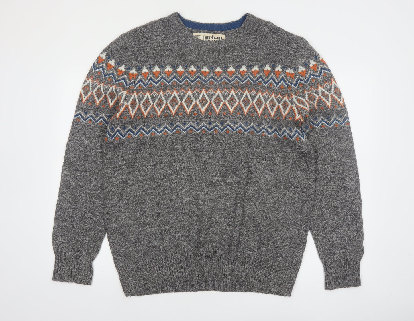Urban Pipeline Men's Grey Fair Isle Wool Blend Pullover Jumper Size L