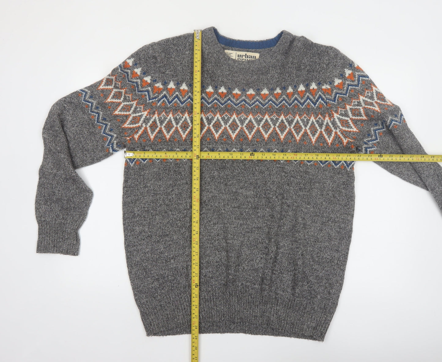 Urban Pipeline Men's Grey Fair Isle Wool Blend Pullover Jumper Size L