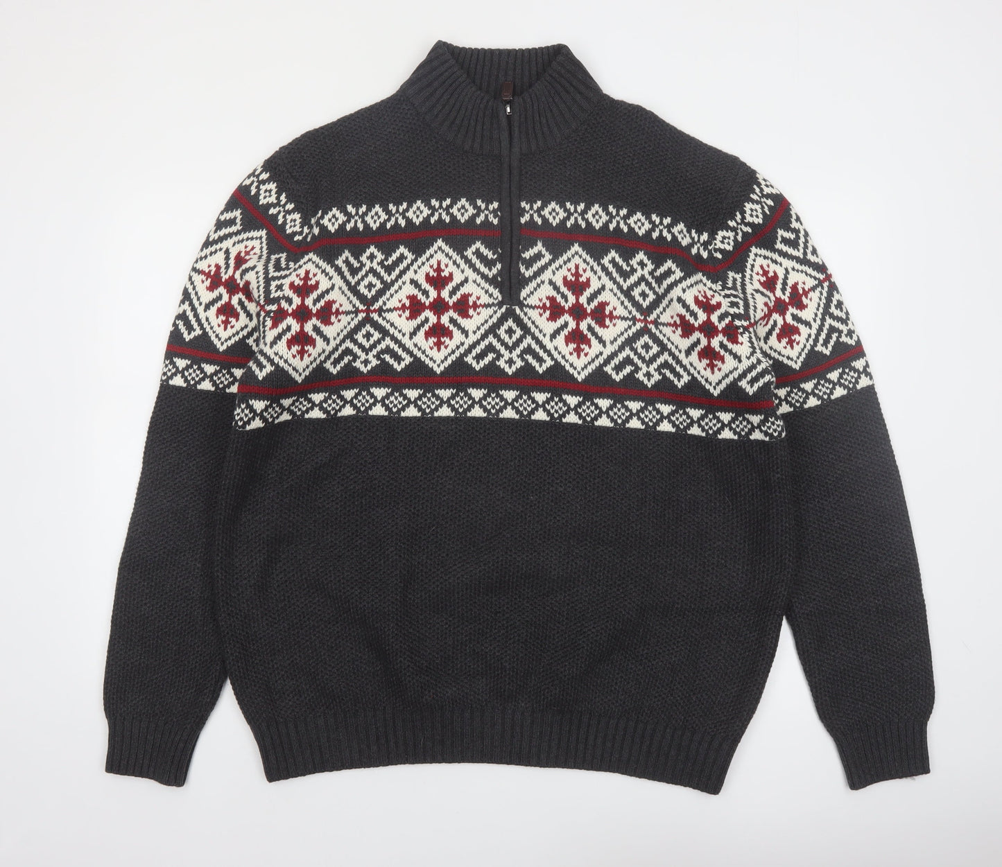 IZOD Men’s Grey Fair Isle 1/2 Zip Cotton Jumper XL Winter Knit