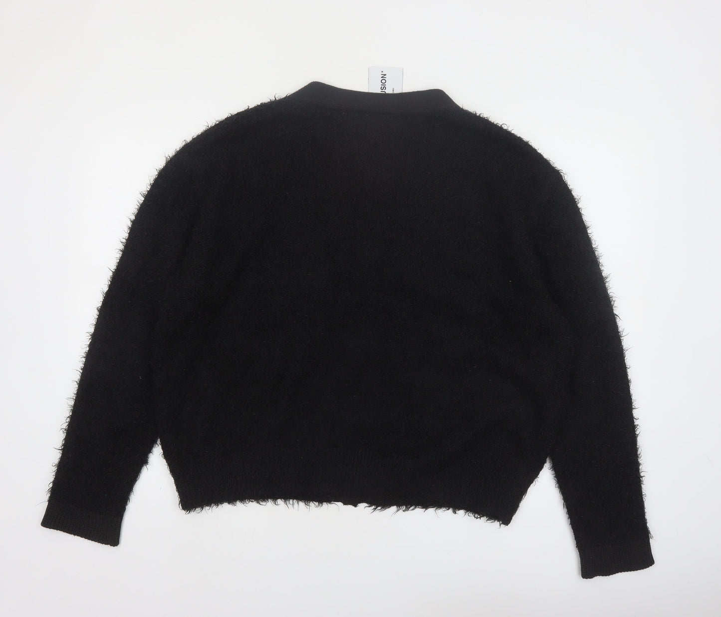 Collusion Women Black L Fuzzy V-Neck Button Cardigan Jumper