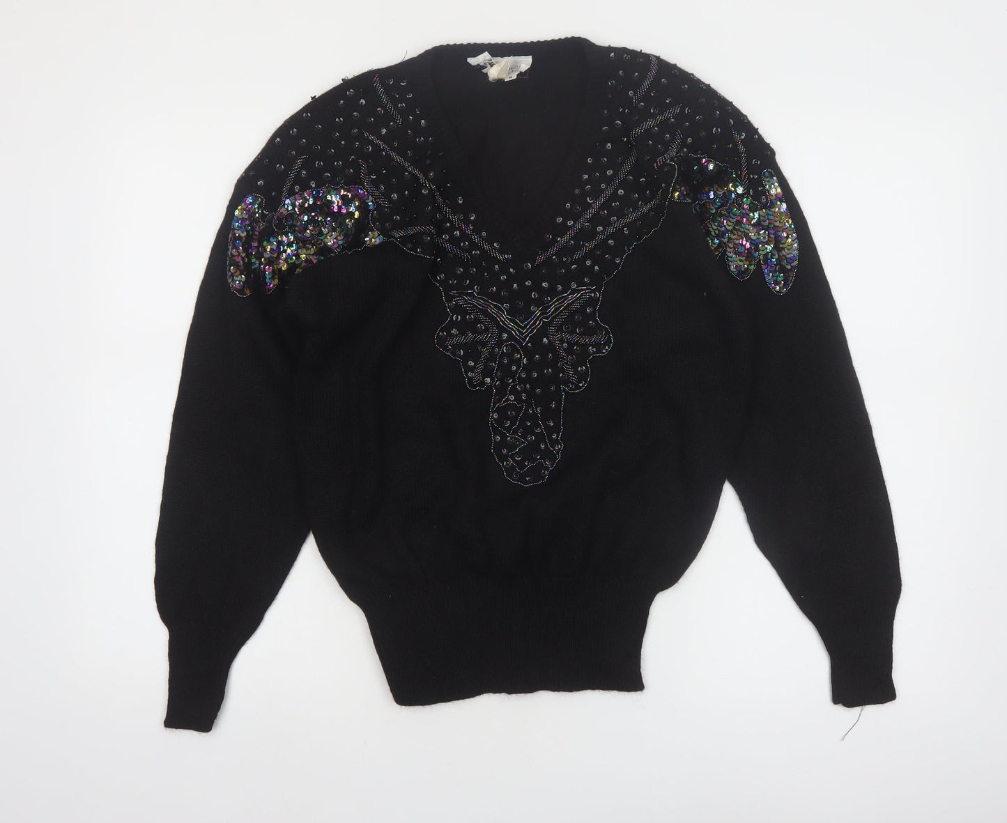 JG Petite Collection Black Sequin Butterfly V-Neck 80s Women's M Jumper