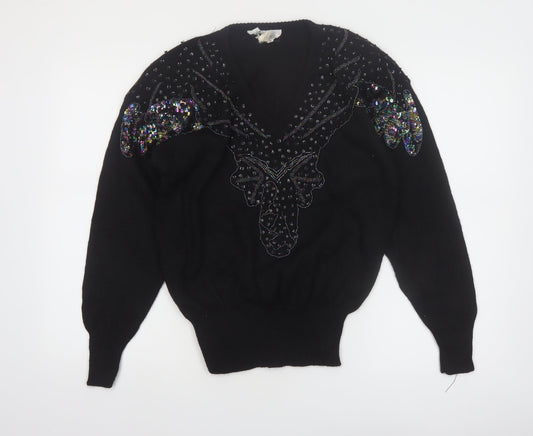 JG Petite Collection Black Sequin Butterfly V-Neck 80s Women's M Jumper