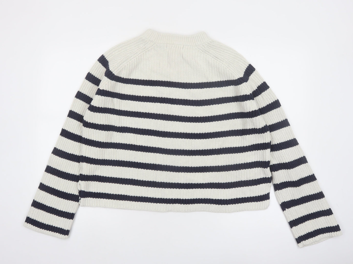 Marks and Spencer Women’s White Navy Striped Mock Neck Cotton Jumper M