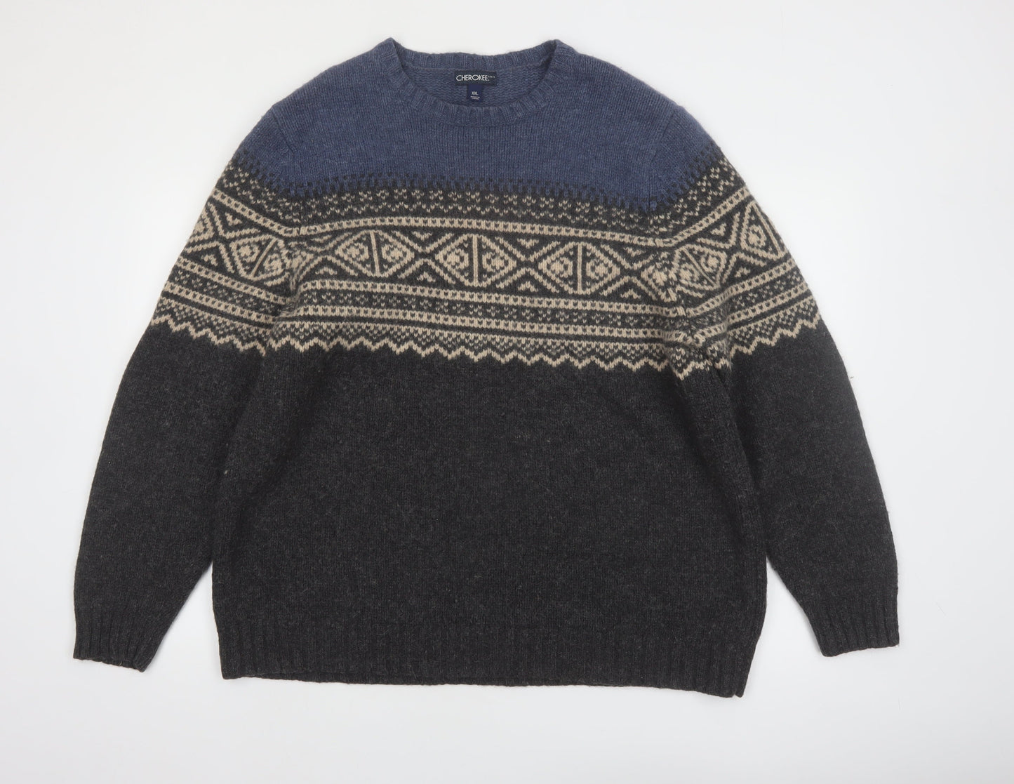 Cherokee Mens Blue Fair Isle Wool Pullover Jumper 2XL