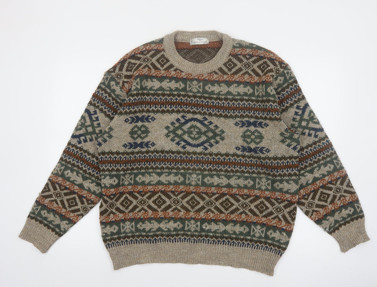 Marks and Spencer Men’s Beige Fair Isle Knit Jumper L Wool Retro Pullover