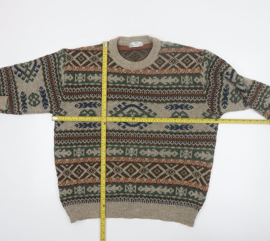 Marks and Spencer Men’s Beige Fair Isle Knit Jumper L Wool Retro Pullover