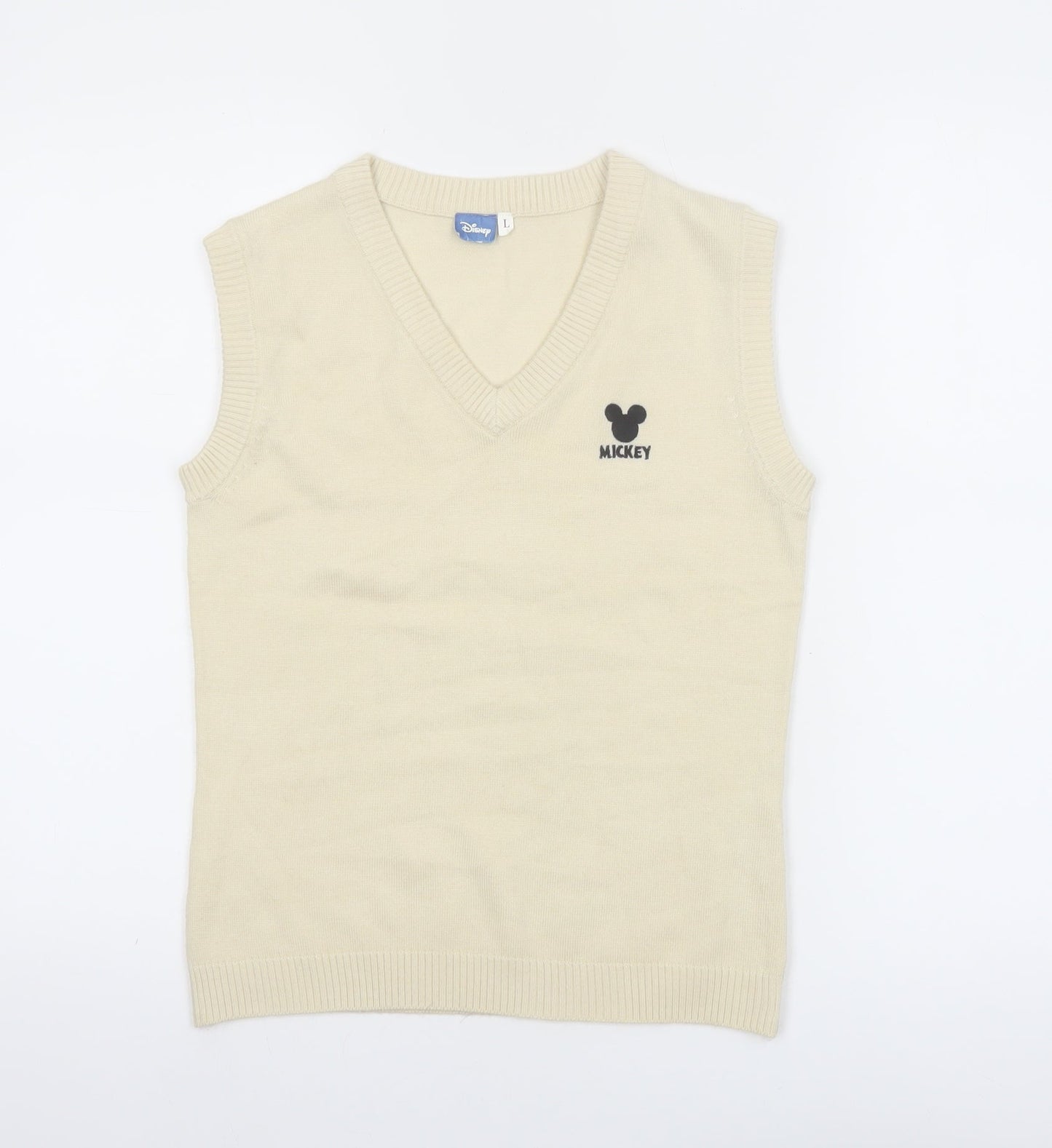 Disney Womens Beige Mickey Knit V-Neck Sleeveless Vest L