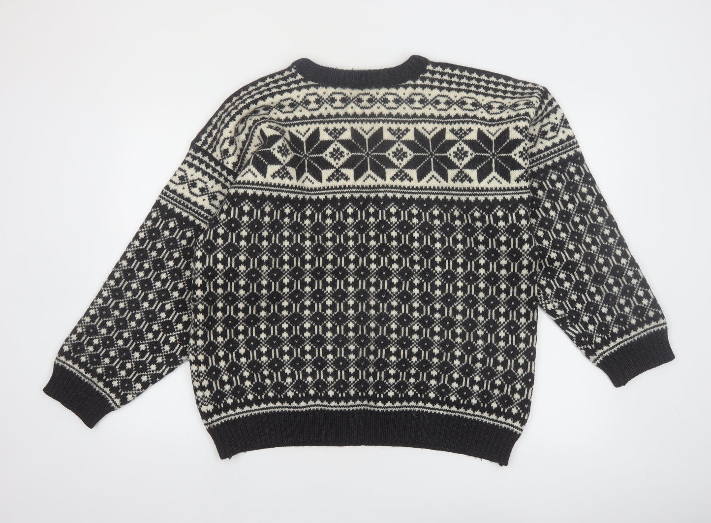 Voss Mens Black Wool Fair Isle Winter Jumper Size L
