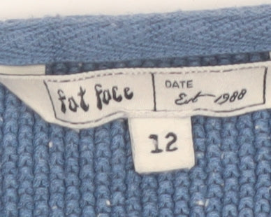 Fat Face Women Blue Cotton V-Neck Pullover Jumper Size 12