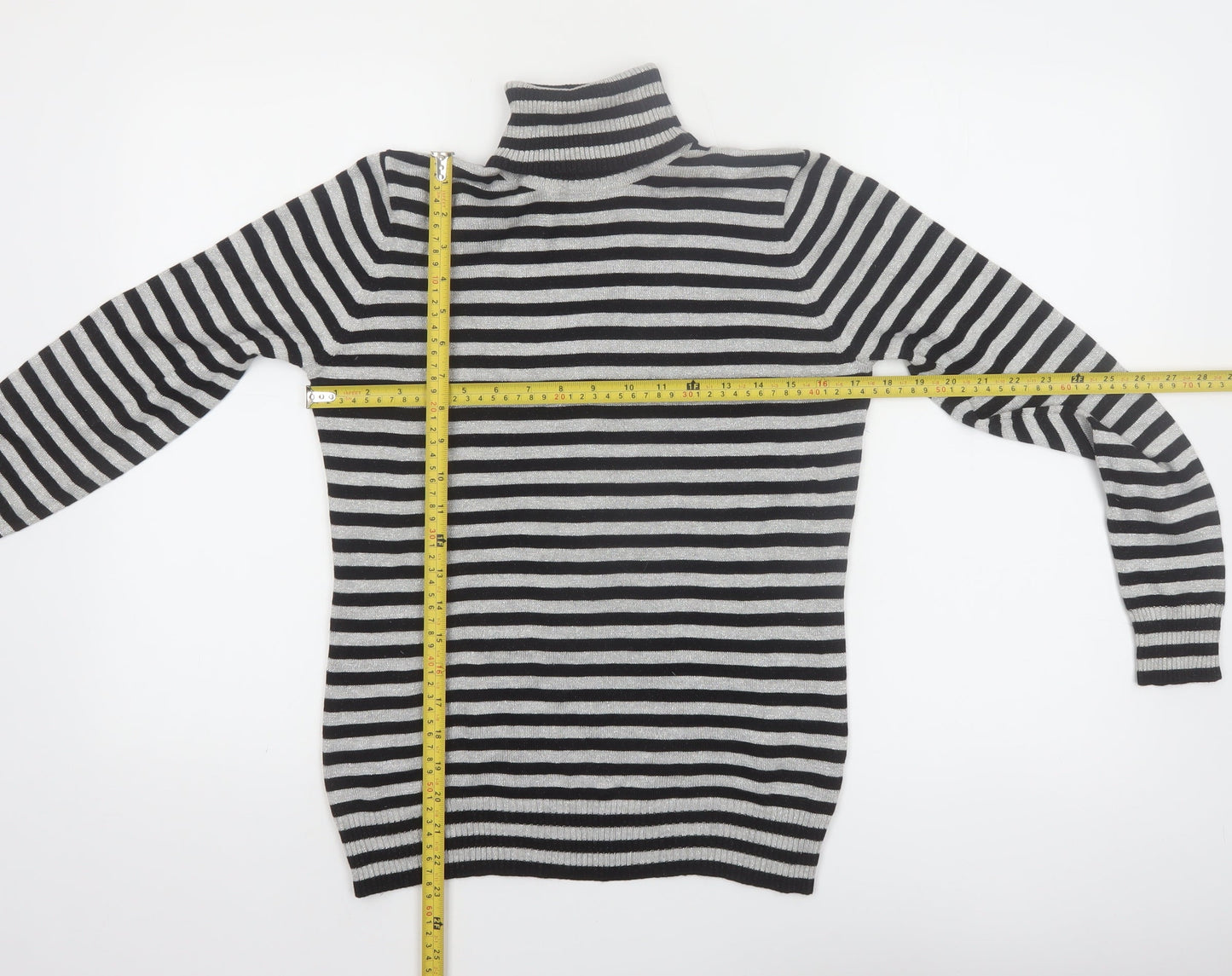 Joseph A. Women's Black & Grey Striped Roll Neck Pullover Jumper Size S