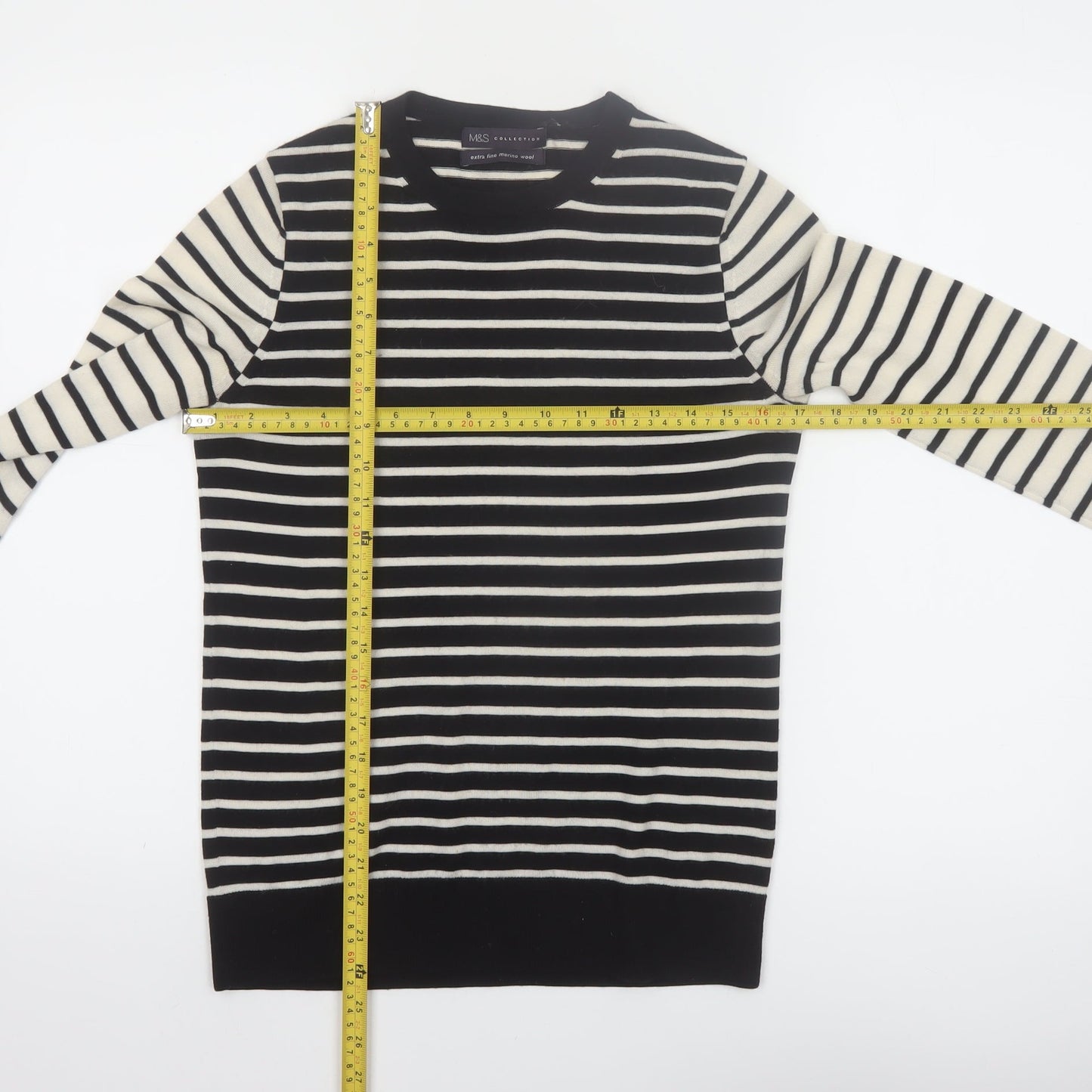 Marks and Spencer Womens Black Striped Merino Wool Jumper Size 8