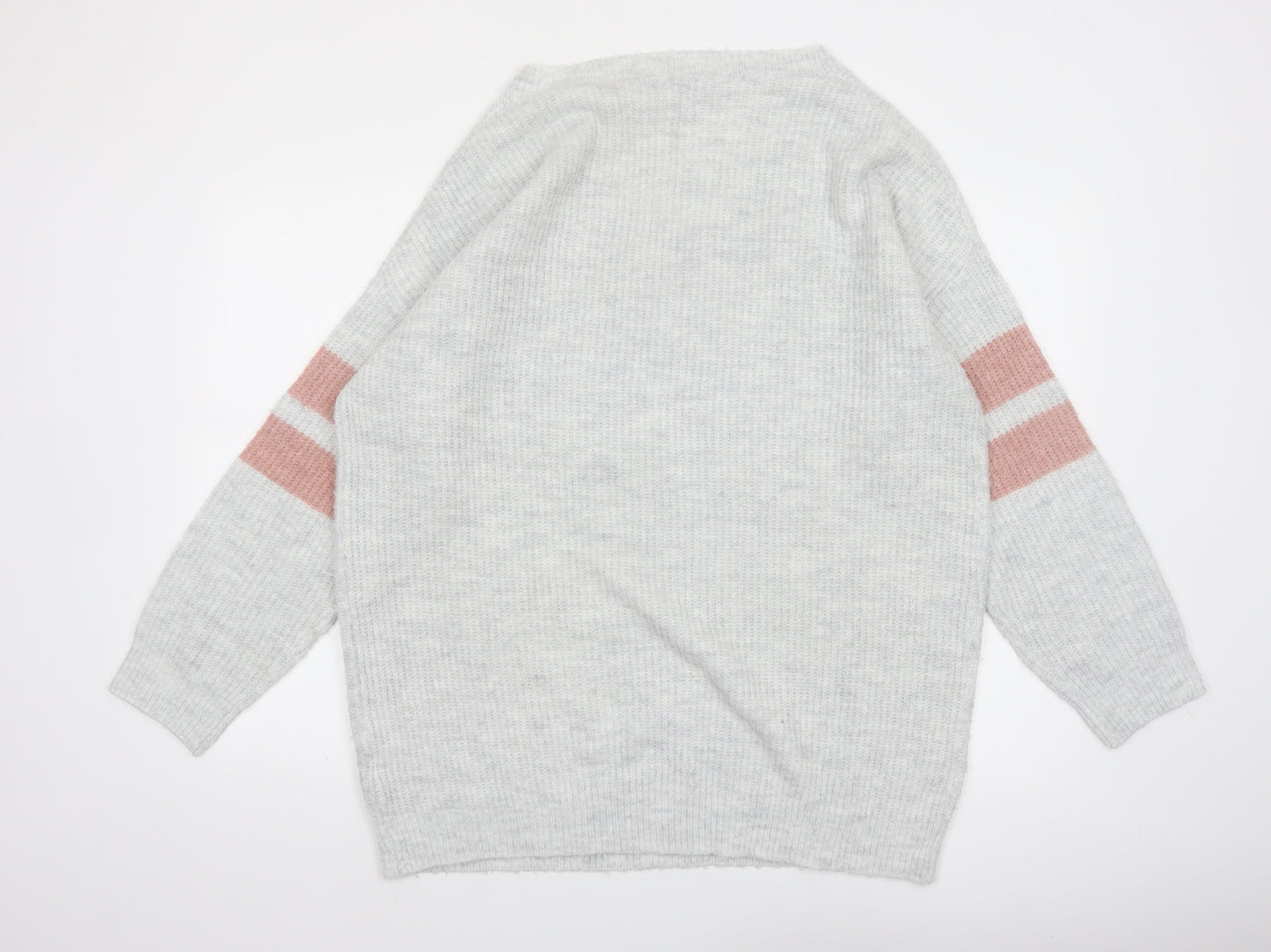 Micha Lounge Women Grey Pink V-Neck Long Sleeve Knit Jumper Size M