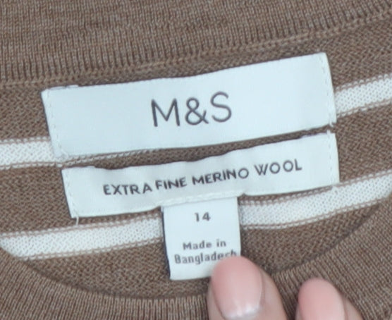 Marks and Spencer Women Brown Striped Merino Wool Jumper Size 14