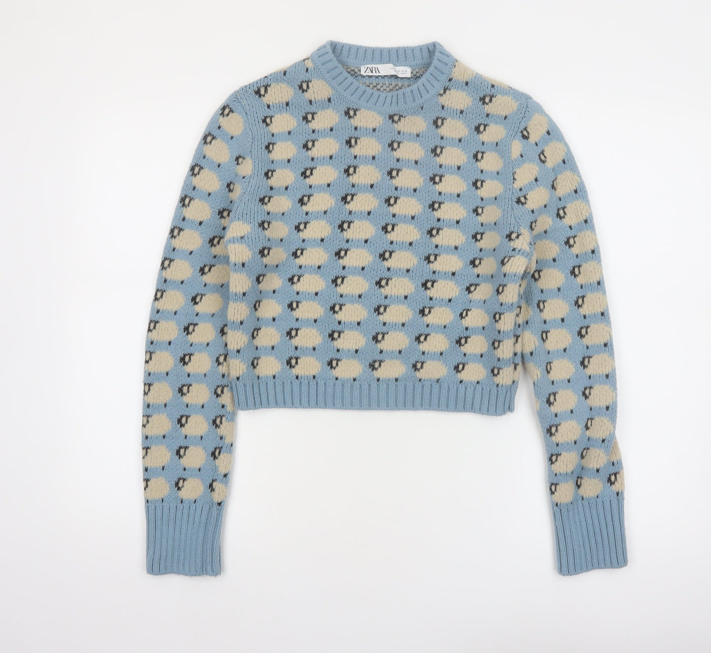 Zara Women Blue Sheep Knit Jumper Size 12 Wool Blend Pullover