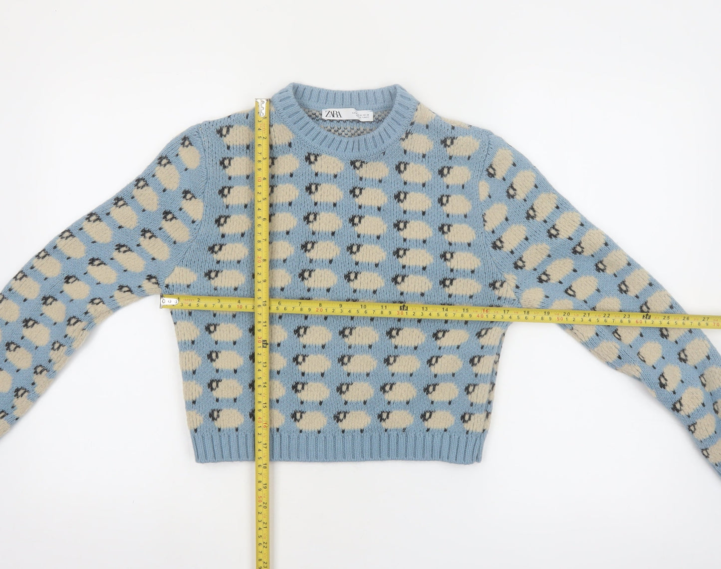 Zara Women Blue Sheep Knit Jumper Size 12 Wool Blend Pullover