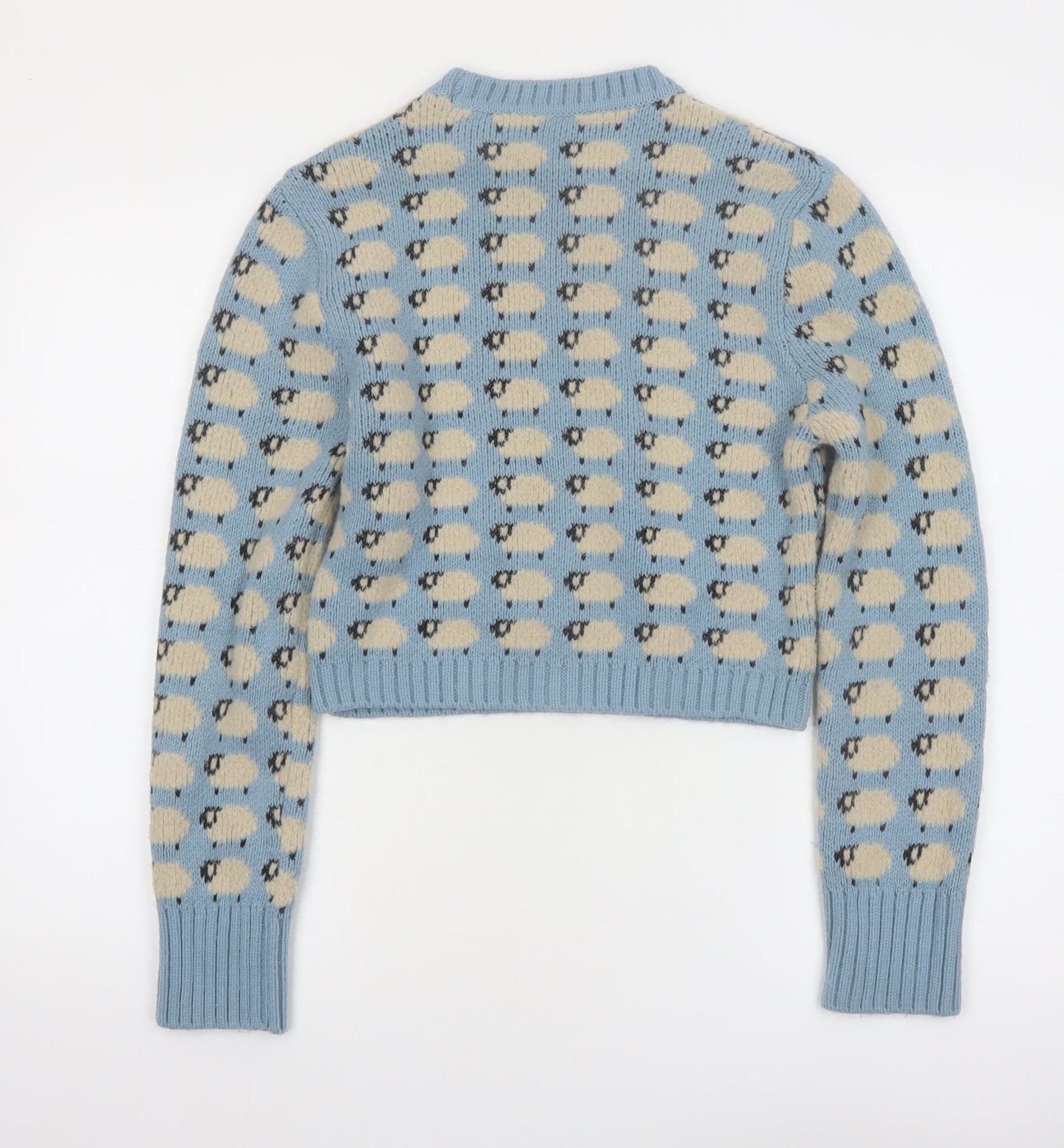 Zara Women Blue Sheep Knit Jumper Size 12 Wool Blend Pullover