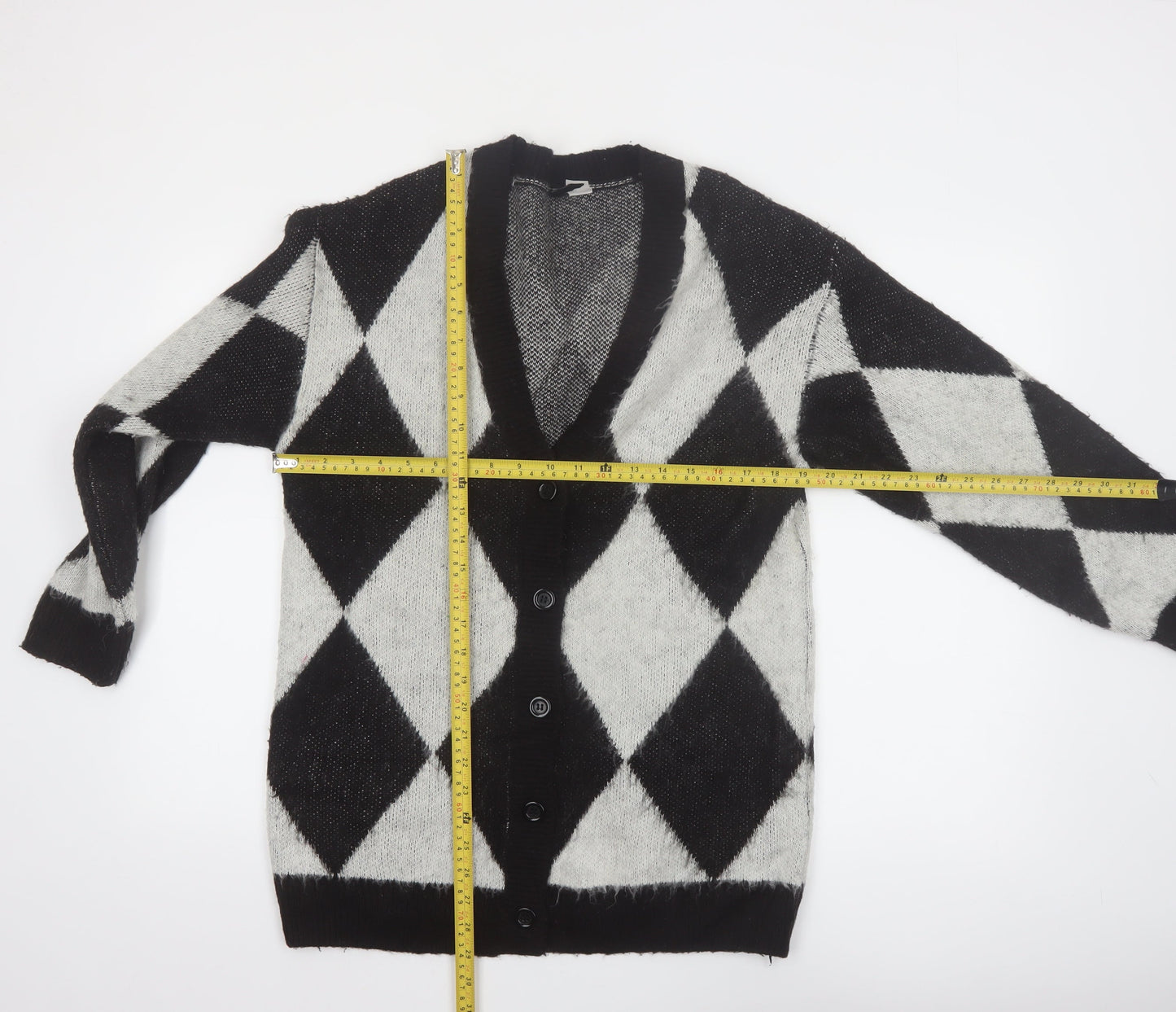 H&M Divided Women's Black & Grey Argyle Knit Cardigan Size 8