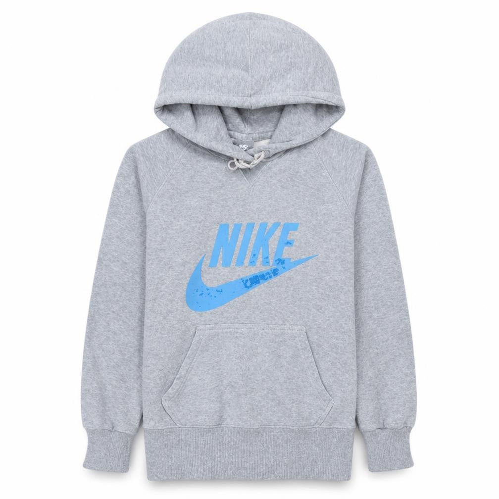 Front view of Nike girls’ grey hoodie m graphic pullover 100% cotton sportswear