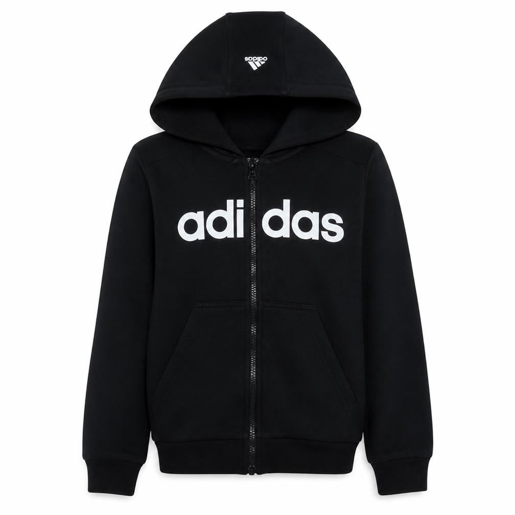 Front view of Adidas girls’ black full zip hoodie 11-12 years essentials logo sweatshirt