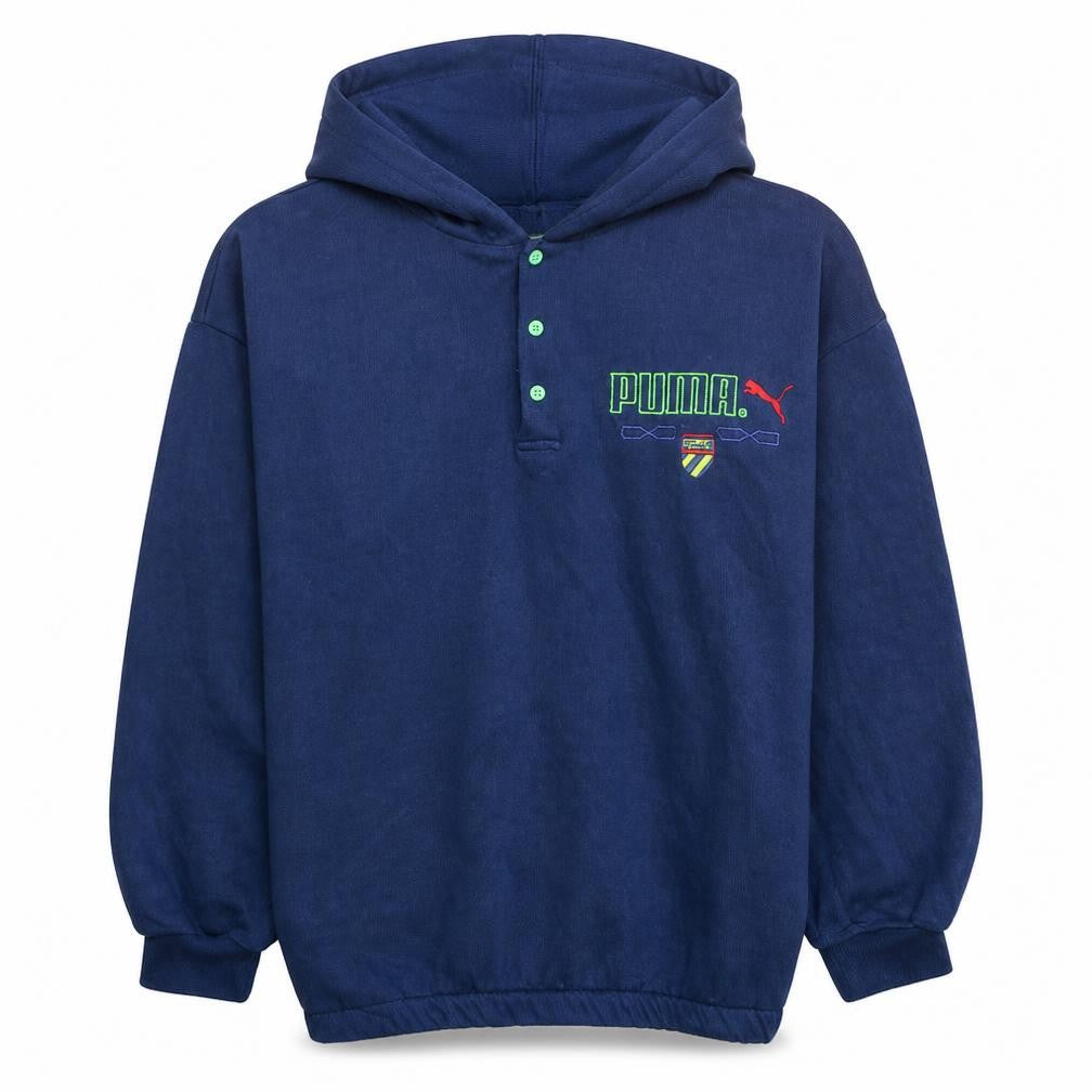 Front view of Puma Men's Blue Henley Hoodie L Vintage Fleece Sportswear