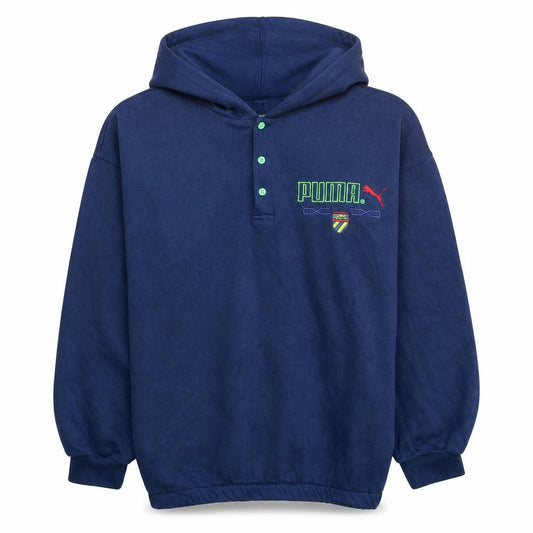 Puma Men's Blue Henley Hoodie L Vintage Fleece Sportswear