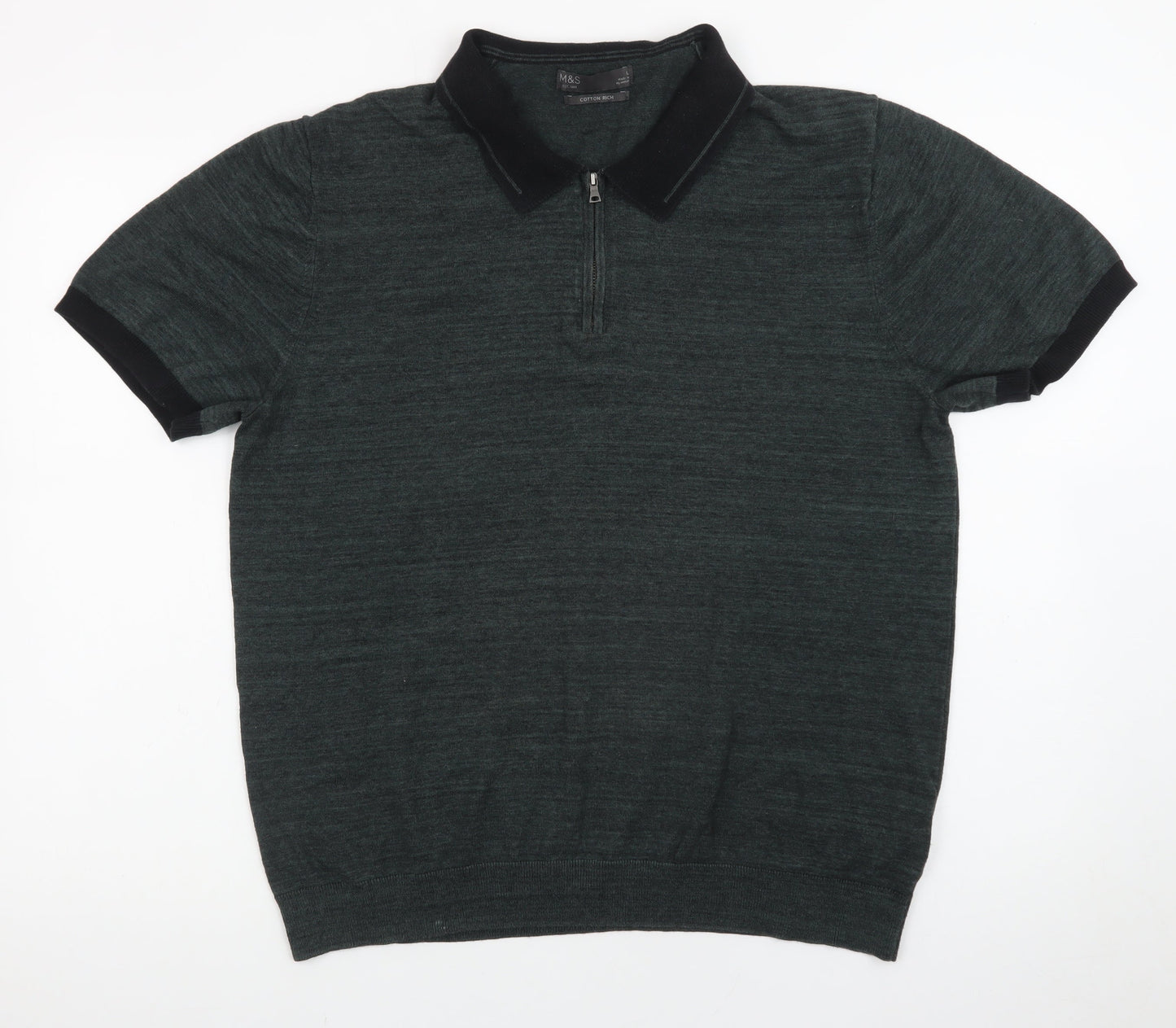 Marks and Spencer Men's Green XL Zip Neck Cotton Polo Shirt