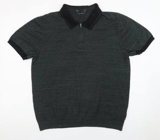 Marks and Spencer Men's Green XL Zip Neck Cotton Polo Shirt