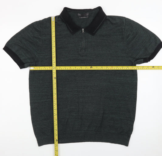 Marks and Spencer Men's Green XL Zip Neck Cotton Polo Shirt