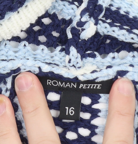 Roman Petite Blue Striped Knit Cardigan Women Size 16