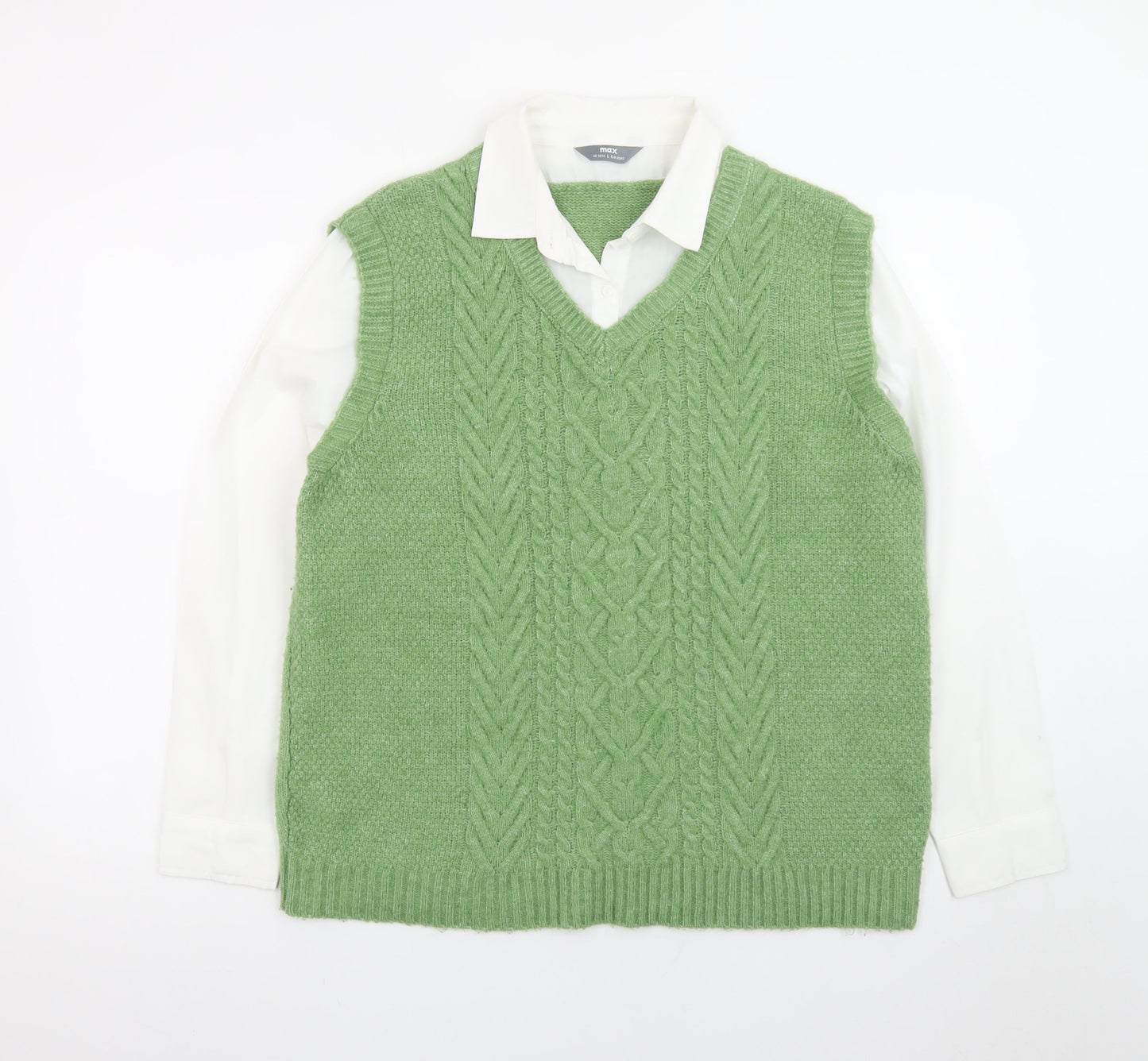 Max Women’s Green Cable-Knit Sleeveless V-Neck Jumper Vest L 14/16