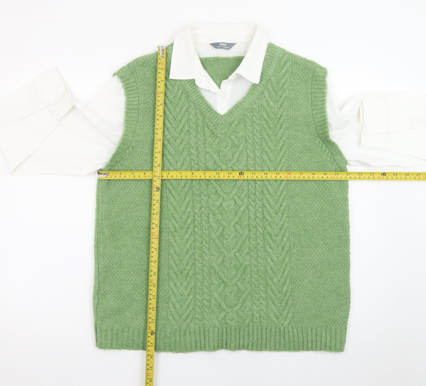 Max Women’s Green Cable-Knit Sleeveless V-Neck Jumper Vest L 14/16