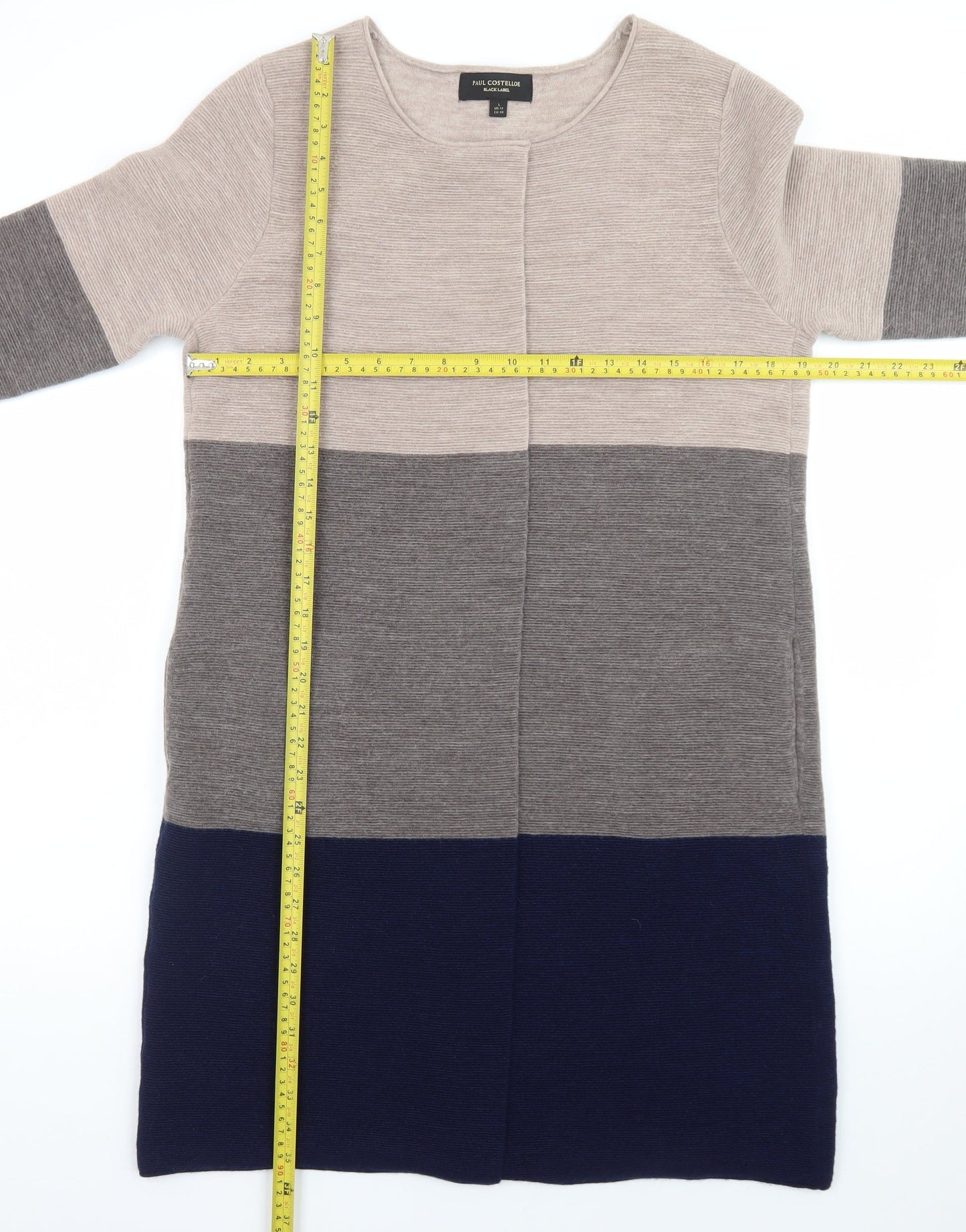 Paul Costelloe Women Beige Grey Navy Colour Block Long Cardigan UK 14