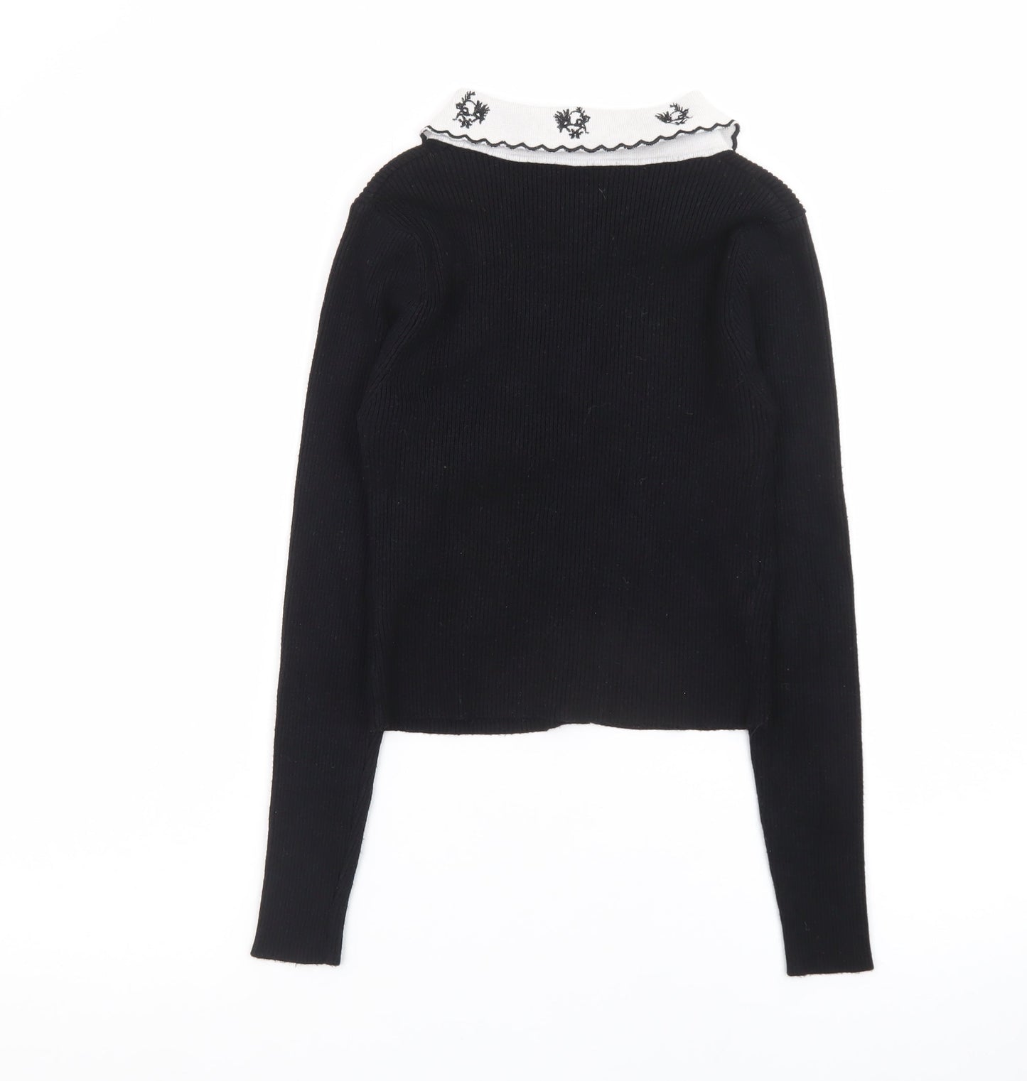 Extra Me Women's Black Cardigan S/M Embroidered Collar Long Sleeve Knit