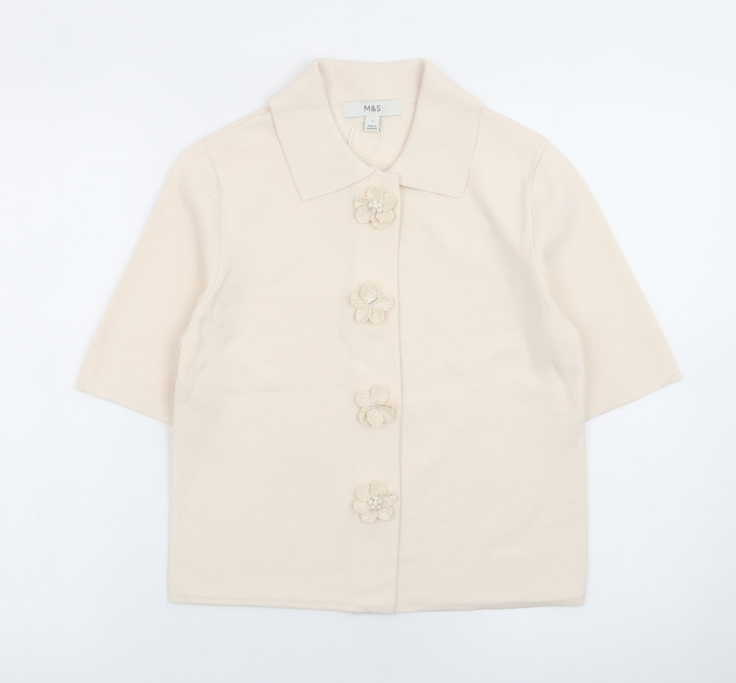 Marks and Spencer Women's Beige Collared Short Sleeve Cardigan S