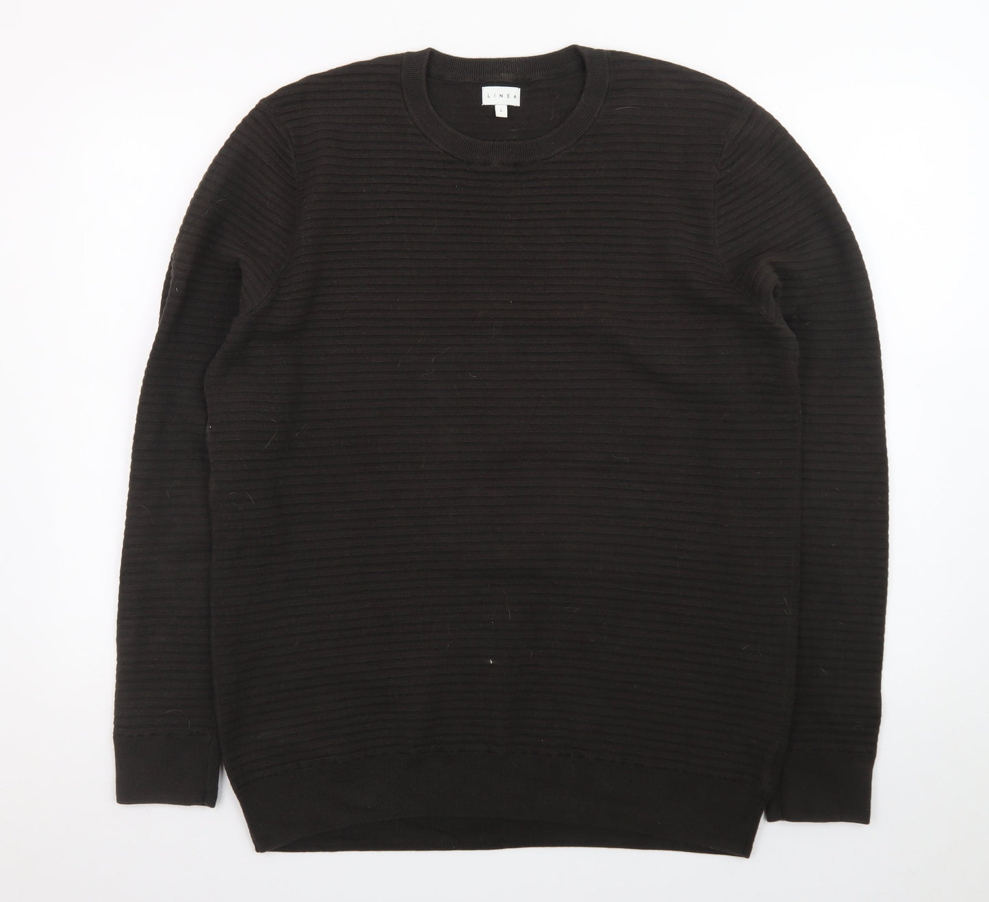 Linea Mens Black Cotton Rib Knit Crew Neck Jumper Size L