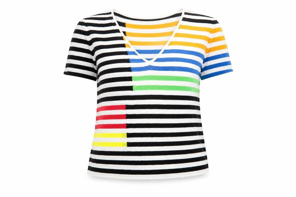 Next Womens Multicoloured Stripe Linen Blend V-Neck T-Shirt Size 14