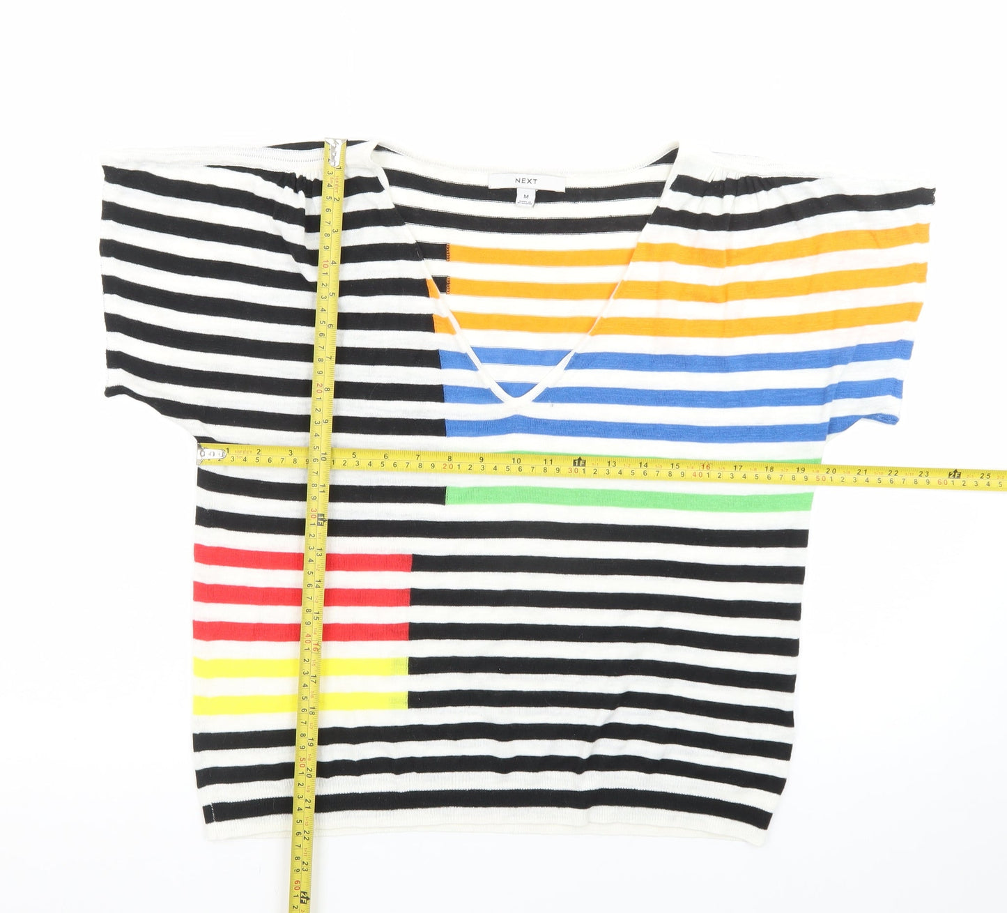 Next Womens Multicoloured Stripe Linen Blend V-Neck T-Shirt Size 14