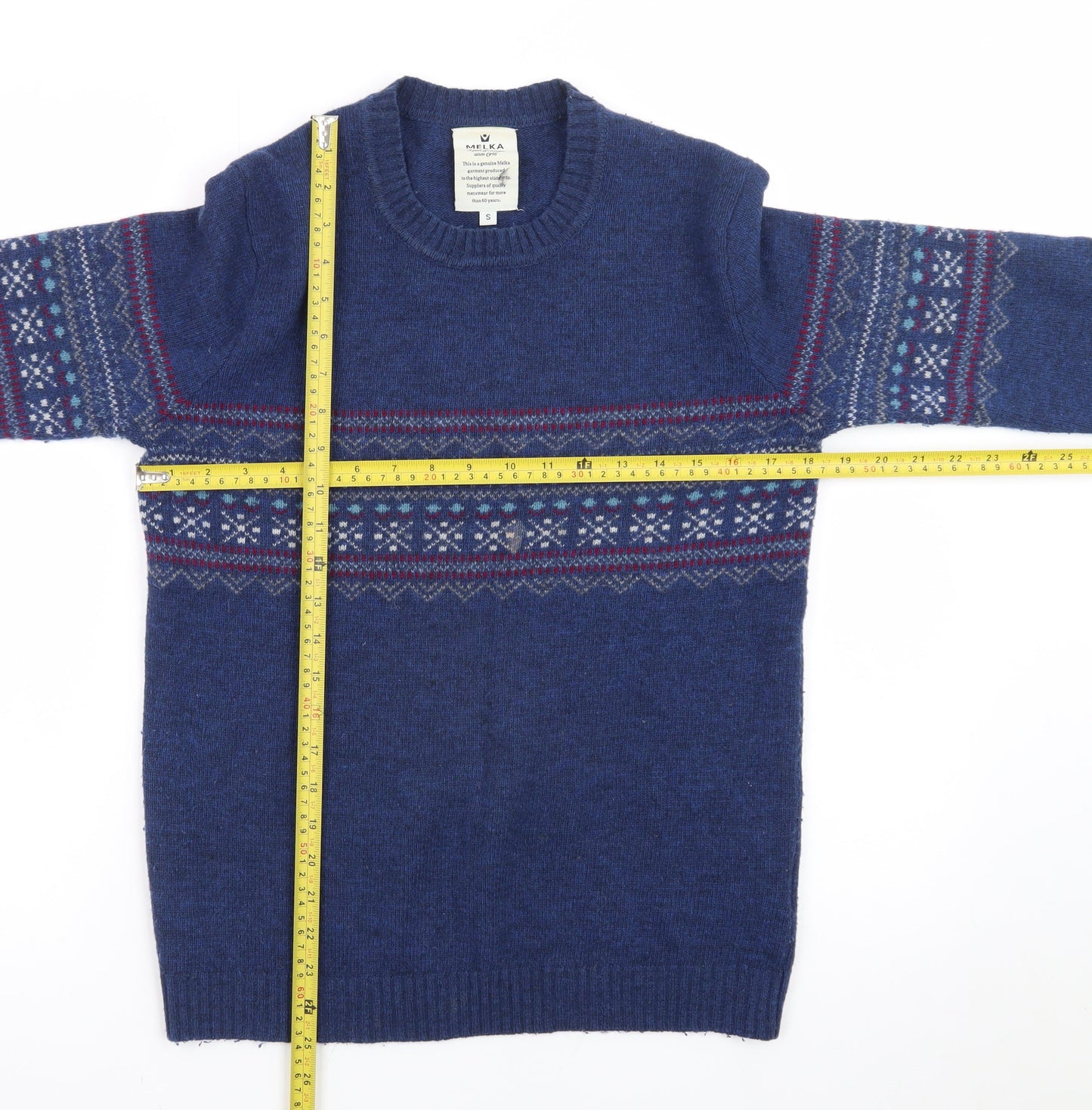 Melka Men's Blue Fair Isle Lambswool Crew Neck Jumper Size S