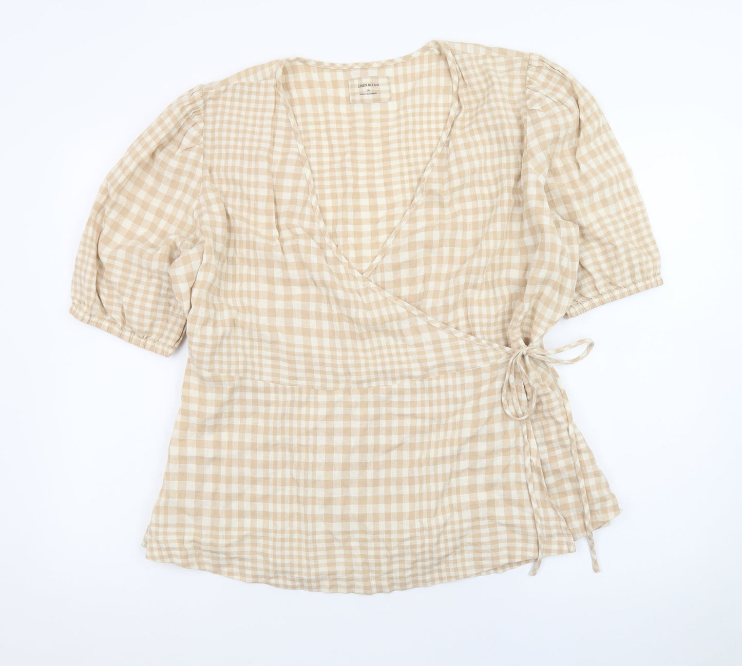 Marks and Spencer Women Beige Check Linen Blend Wrap Blouse Size 16