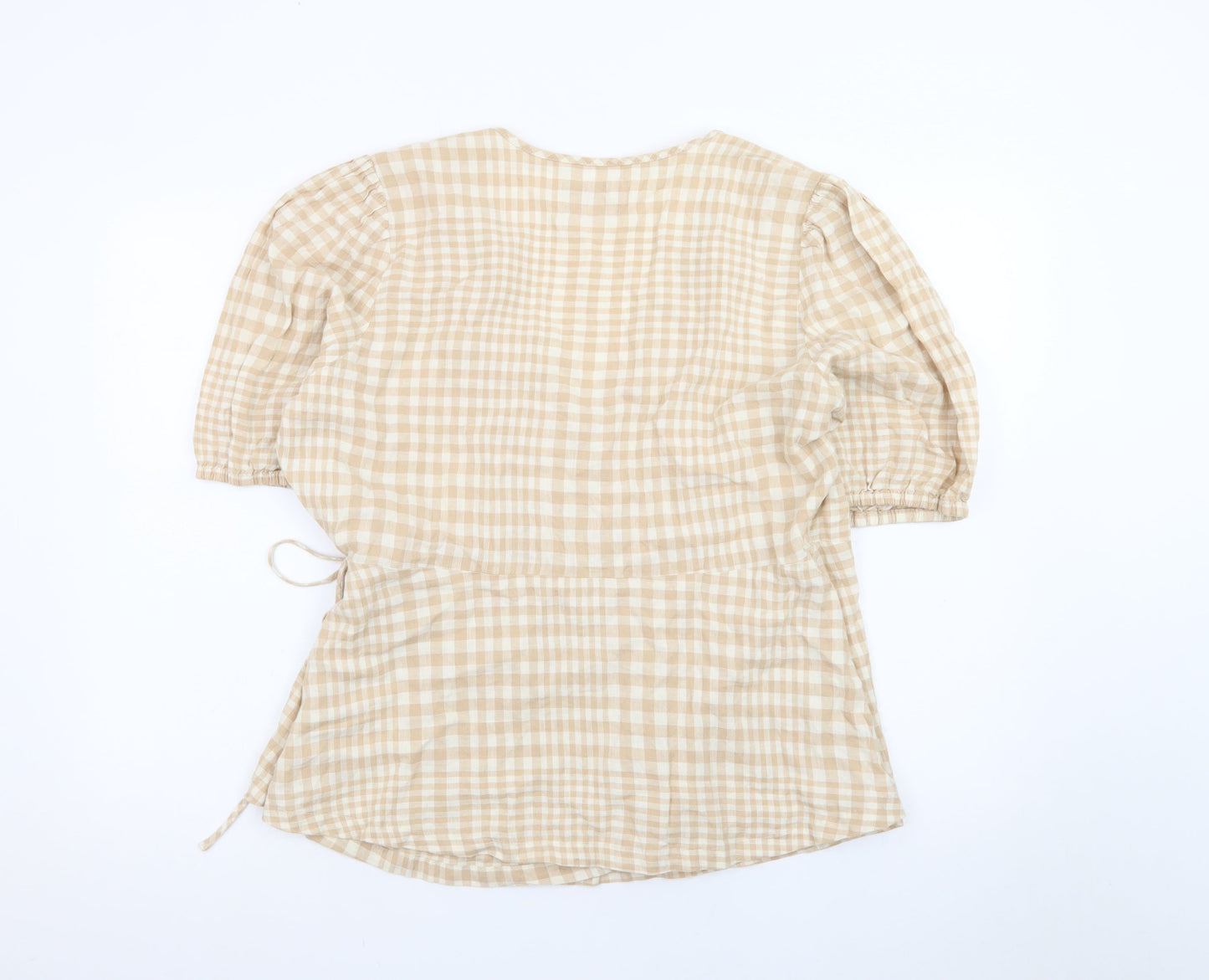 Marks and Spencer Women Beige Check Linen Blend Wrap Blouse Size 16