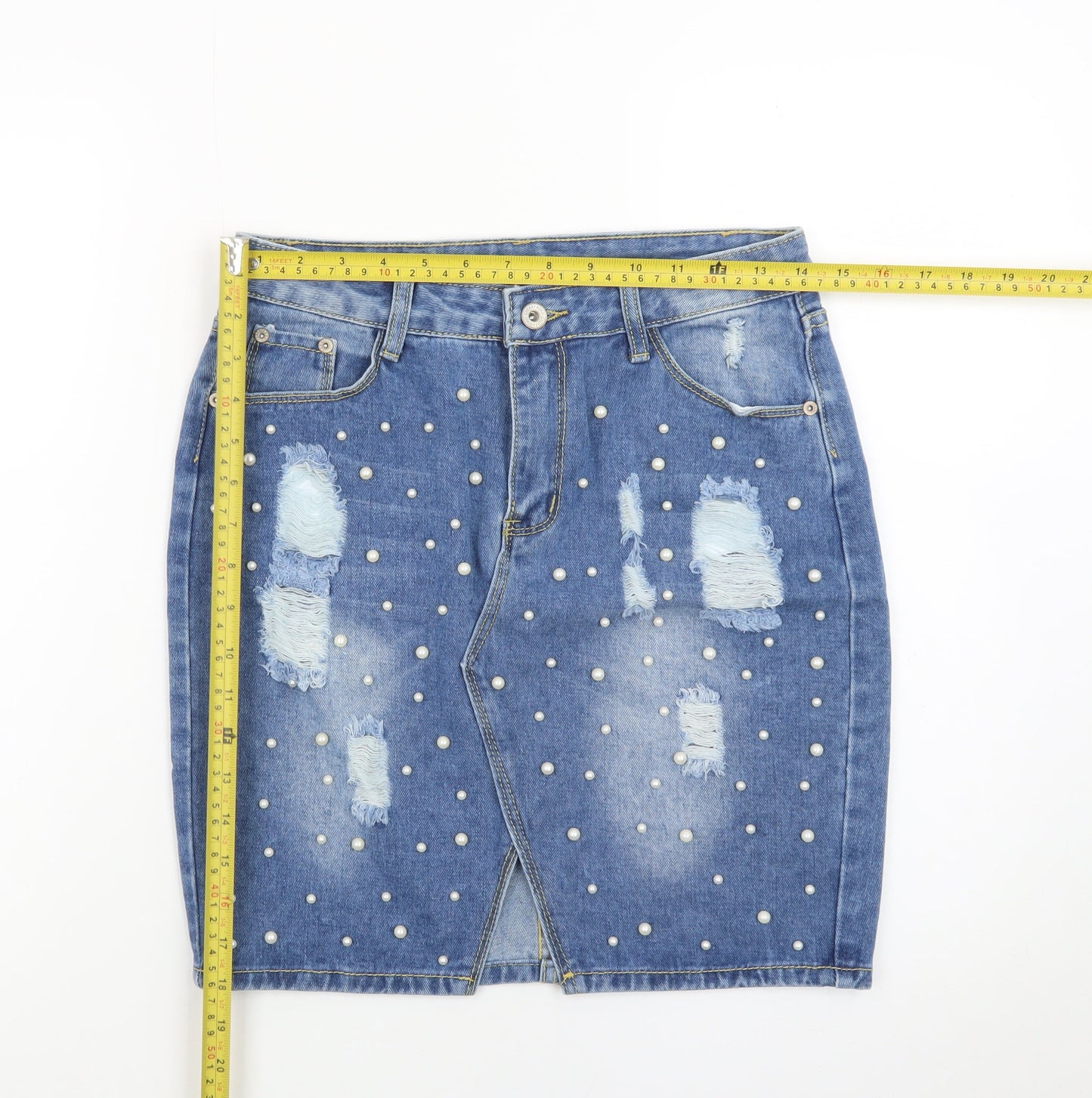 Cherry Koko Women Blue Denim Beaded Distressed Pencil Skirt L