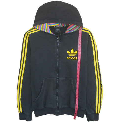 Adidas Men's Black Full Zip Hoodie L Yellow Stripes Retro Logo