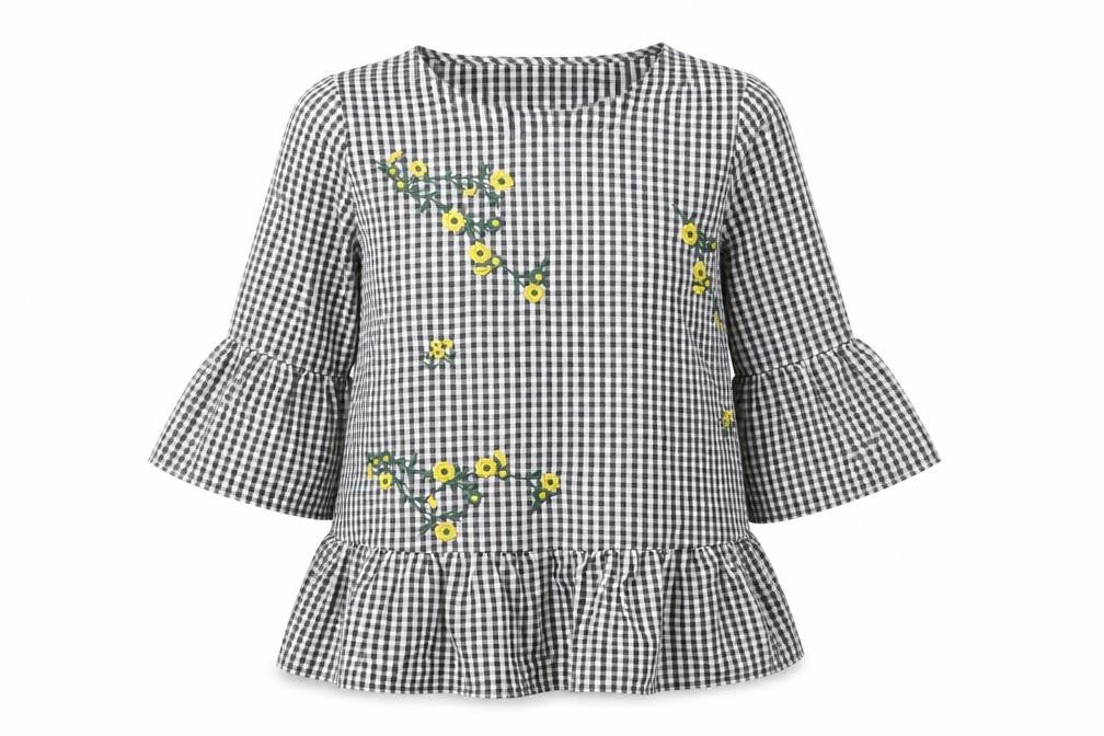 Quiz Womens Black Check Embroidered Ruffle Sleeve Tunic Blouse Size 8