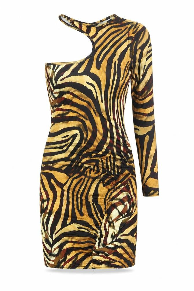 PRETTYLITTLETHING Women’s Brown Animal Print One Shoulder Bodycon Dress Size 12