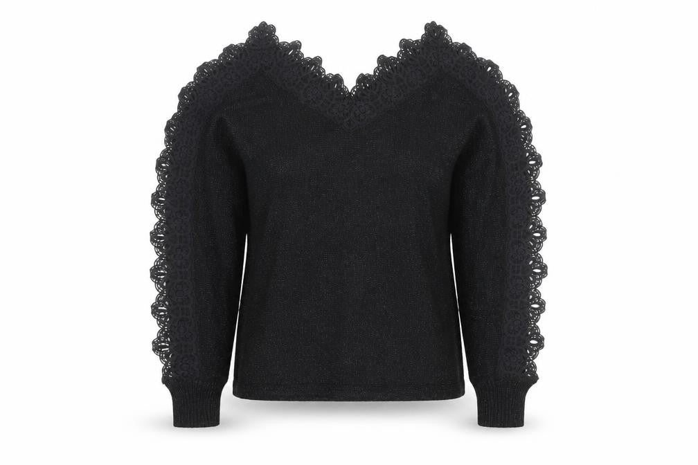 Wild Flower Women's Black V-Neck Lace Trim Knit Jumper Size M