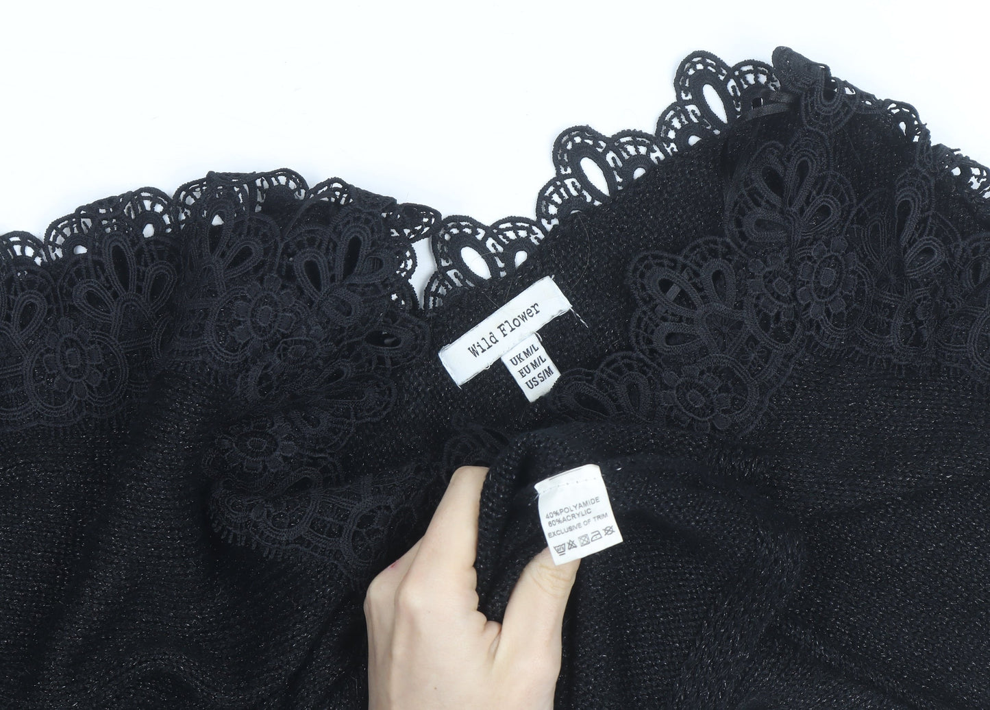 Wild Flower Women's Black V-Neck Lace Trim Knit Jumper Size M