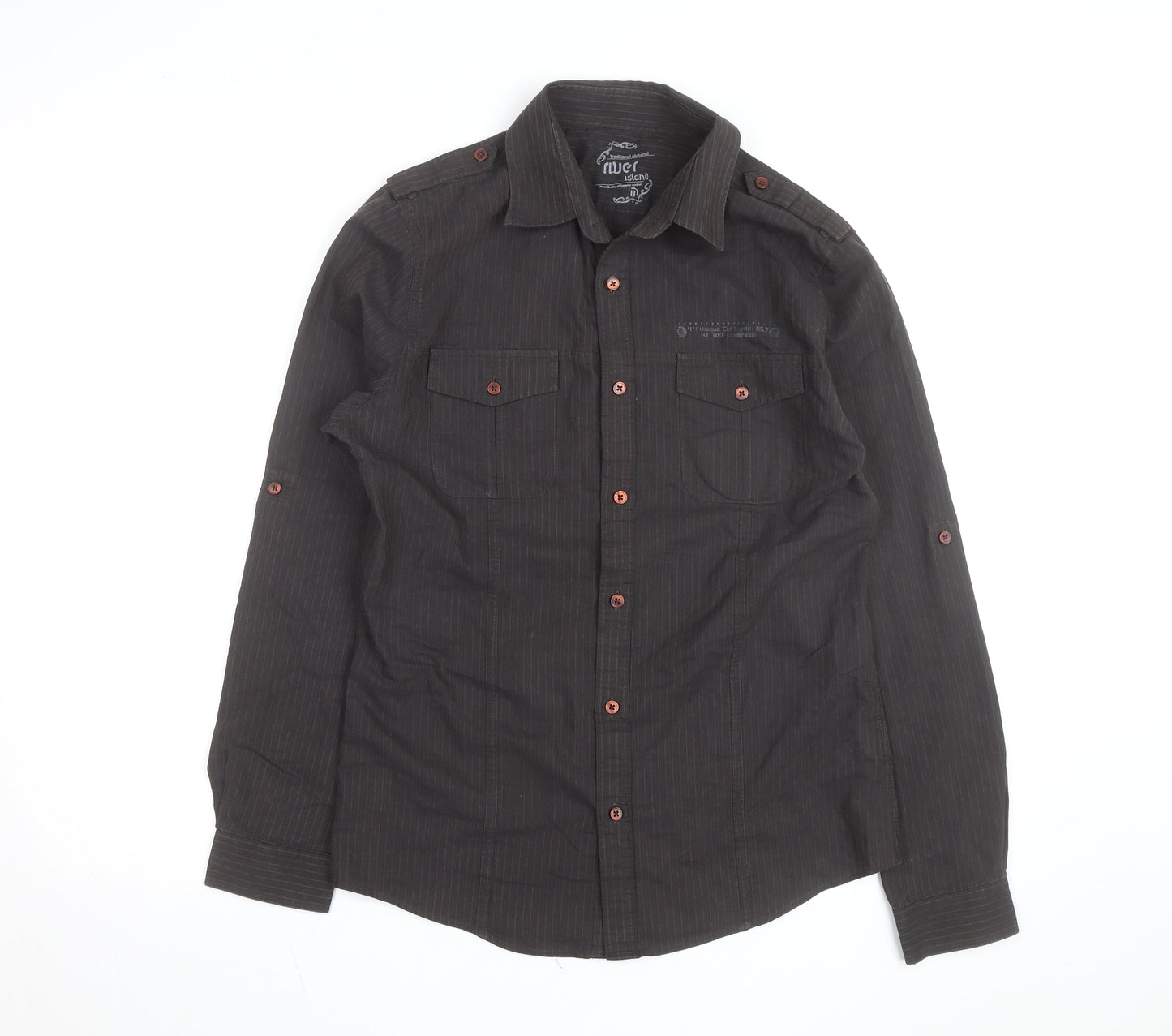 River Island Men's Black Striped Cotton Long Sleeve Button-Up Shirt M
