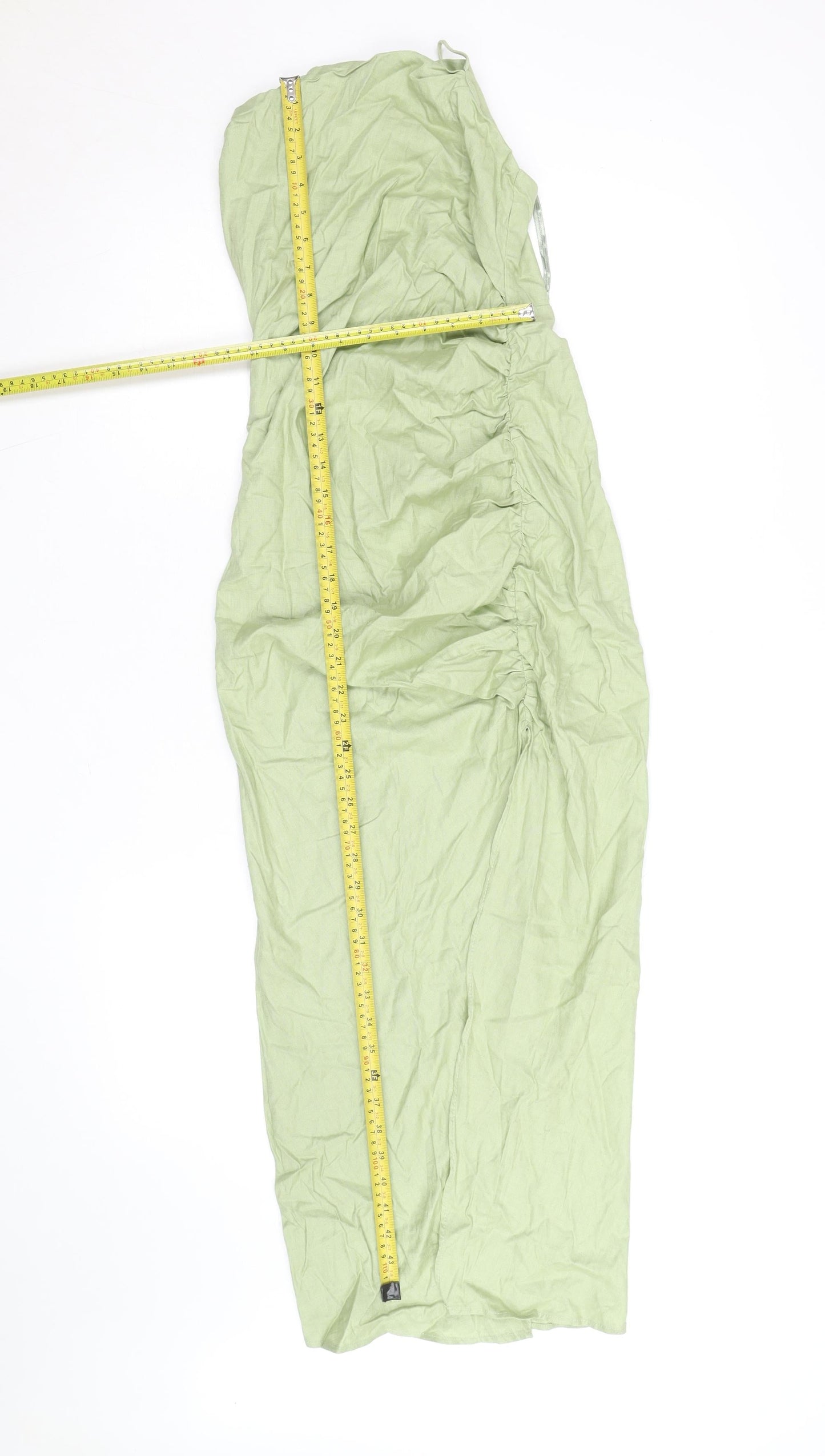 Zara Women’s Green Linen One Shoulder Ruched Midi Dress Size 8